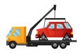 Tow truck. Cool flat towing truck with broken car. Road car repair service assistance vehicle with damaged or salvaged