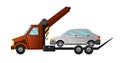 Tow truck. Cool flat towing truck with broken car. Road car repair service assistance vehicle with damaged or salvaged