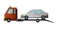 Tow truck. Cool flat towing truck with broken car. Road car repair service assistance vehicle with damaged or salvaged