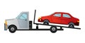 Tow truck. Cool flat towing truck with broken car. Road car repair service assistance vehicle with damaged or salvaged