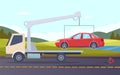 Tow truck. Damaged car evacuation road accident crash broken transport vector cartoon background