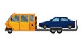 Tow truck. Flat faulty car loaded on a tow truck. Vehicle repair service which provides assistance damaged or salvaged