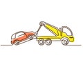 Tow truck lift broken car using crane. Continuous one line drawing.