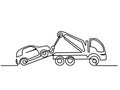 Tow truck lift broken car using crane. Continuous one line drawing. Royalty Free Stock Photo