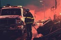 A tow truck operator removing a damaged vehicle from an accident scene, showcasing the importance of tow trucks in emergency