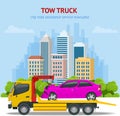 Tow truck, roadside assistance . Tow truck for transportation faults and emergency cars. The tow truck picks up the car Royalty Free Stock Photo