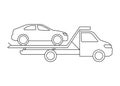 Tow truck service, line art icon. Wrecker transporting crashed passenger car, help accident of transport of brocken