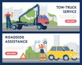 Tow truck service and roadside assistance web banners set, flat vector illustration. Royalty Free Stock Photo