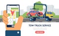 Tow truck service web banner template, flat vector illustration. Royalty Free Stock Photo