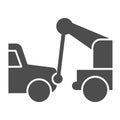 Tow truck solid icon. Vehicle salvage with hooked damaged auto symbol, glyph style pictogram on white background. Car