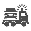 Tow truck solid icon. Vehicle salvage with pick up damaged vehicle symbol, glyph style pictogram on white background