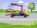 Tow truck takes away a broken car after an accident. In minimalist style. Cartoon flat Royalty Free Stock Photo