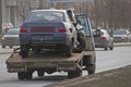 Tow truck, takes away the damaged car after an accident Royalty Free Stock Photo