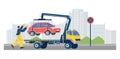 Tow truck takes the car off the road flat cartoon vector illustration.