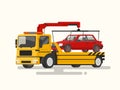 Tow truck transporting a broken machine. Vector illustration