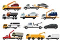 Tow truck vector towing car trucking vehicle transportation towage help on road illustration set of towed auto transport Royalty Free Stock Photo