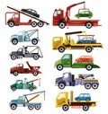 Tow truck vector towing car trucking vehicle transportation towage help on road illustration set of towed auto transport Royalty Free Stock Photo