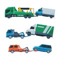 Tow Truck or Wrecker Moving Disabled or Impounded Motor Vehicle Vector Set Royalty Free Stock Photo