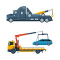 Tow Truck or Wrecker Moving Disabled or Impounded Motor Vehicle Vector Set Royalty Free Stock Photo