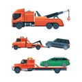 Tow Truck or Wrecker Moving Disabled or Impounded Motor Vehicle Vector Set Royalty Free Stock Photo