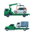 Tow Truck or Wrecker Moving Disabled or Impounded Motor Vehicle Vector Set Royalty Free Stock Photo