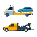 Tow Truck or Wrecker Moving Disabled or Impounded Motor Vehicle Vector Set Royalty Free Stock Photo