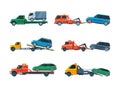 Tow Truck or Wrecker Moving Disabled or Impounded Motor Vehicle Vector Set Royalty Free Stock Photo