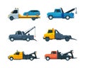 Tow Truck or Wrecker Moving Disabled or Impounded Motor Vehicle Vector Set Royalty Free Stock Photo