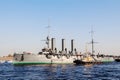 Towage of a cruiser Aurora to a place of repair in dock, St.-Petersburg, Russia Royalty Free Stock Photo