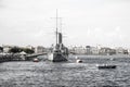 Towage of a historical cruiser Aurora to a place of repair in dock, St.-Petersburg, Russia Royalty Free Stock Photo