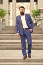 Toward business achievements. Conquer business world. Office worker confidently step on stairs. Bearded man going to Royalty Free Stock Photo