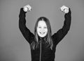 Toward stronger body. Rehabilitation concept. Girl exercising with dumbbell. Beginner dumbbell exercises. Child hold Royalty Free Stock Photo