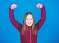 Toward stronger body. Rehabilitation concept. Girl exercising with dumbbell. Beginner dumbbell exercises. Child hold Royalty Free Stock Photo