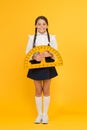 Towards knowledge. happy small school girl study geometry. student use protractor ruler. stem class. Math science. back Royalty Free Stock Photo