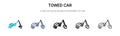 Towed car icon in filled, thin line, outline and stroke style. Vector illustration of two colored and black towed car vector icons