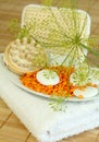 Towel, bath salt, sponge and stones. Royalty Free Stock Photo