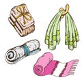 Towel for bath, sauna. Hand drawing in sketch style. A set of isolated objects on a white background. Vector