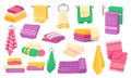 Towel. Cartoon bath rolled towel pile, folded stacked towels, hanging kitchen microfiber clothes. Bathroom cotton fabric