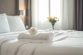 bedchamber welcome modern spa comfortable towel flower bed window bath. Generative AI. Royalty Free Stock Photo