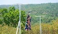 A towel dries on a rope at a mountain landscape, Pyrenees, France