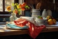 towel-drying clean dishes on countertop