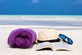 Towel, hat, sunglasses and a book on the beach Royalty Free Stock Photo