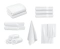 Towel stack. Luxury hotel textile items for bathroom sport or resort spa hygiene items white towels vector collection