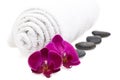 Towel, stones and flowers isolated on white background Royalty Free Stock Photo