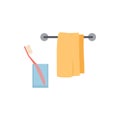 Towel and toothbrush in glass. Flat hygiene icons.