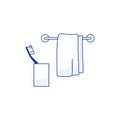Towel and toothbrush in glass. Line isolated icons