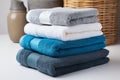 Towel trio Blue, white, and gray towels stacked for elegant presentation