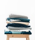 Towels, blankets and other home textile in blue and beidge color Royalty Free Stock Photo