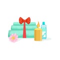 Towels, Candle And Bottle With Skincare Product Element Of Spa Center Health And Beauty Procedures Collection Of