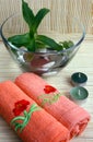 Towels, candles, bowl with water, pebbles and plan